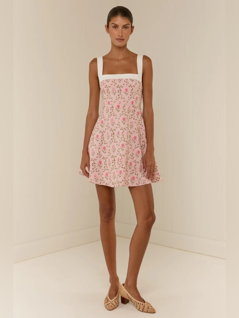 Palm Noosa Daphne embroidered linen mini dress in Luxembourg Tile
